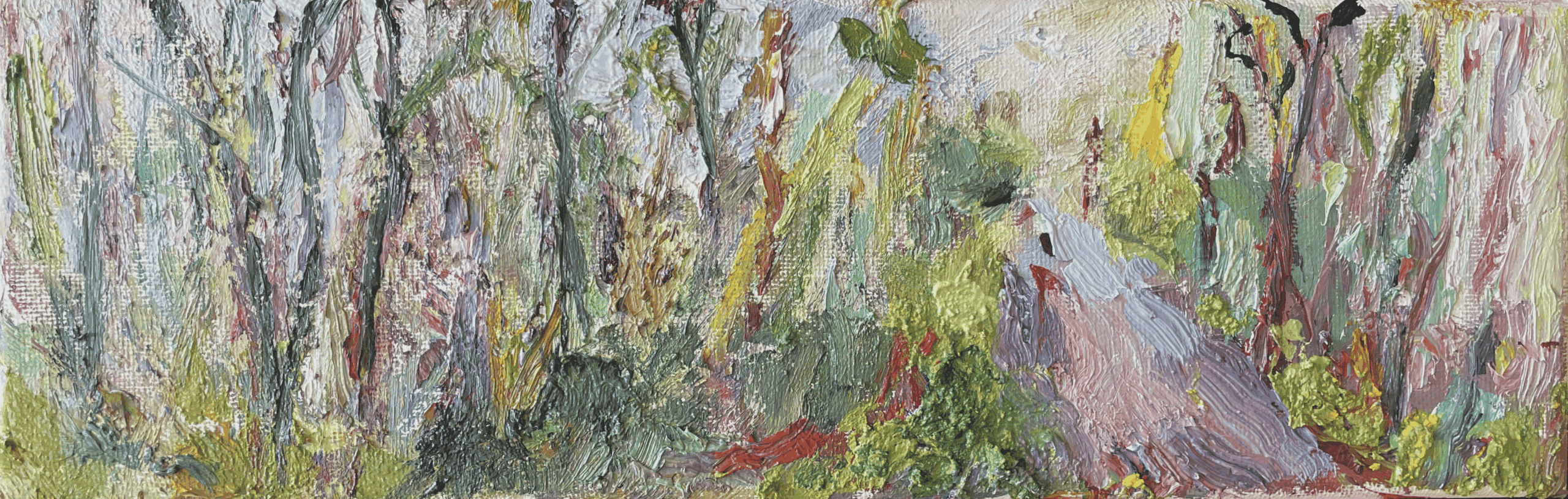 "A rainy morning" (2022), Oil on canvas 12x4 inches, plein air painting in Northern California.Go to Page