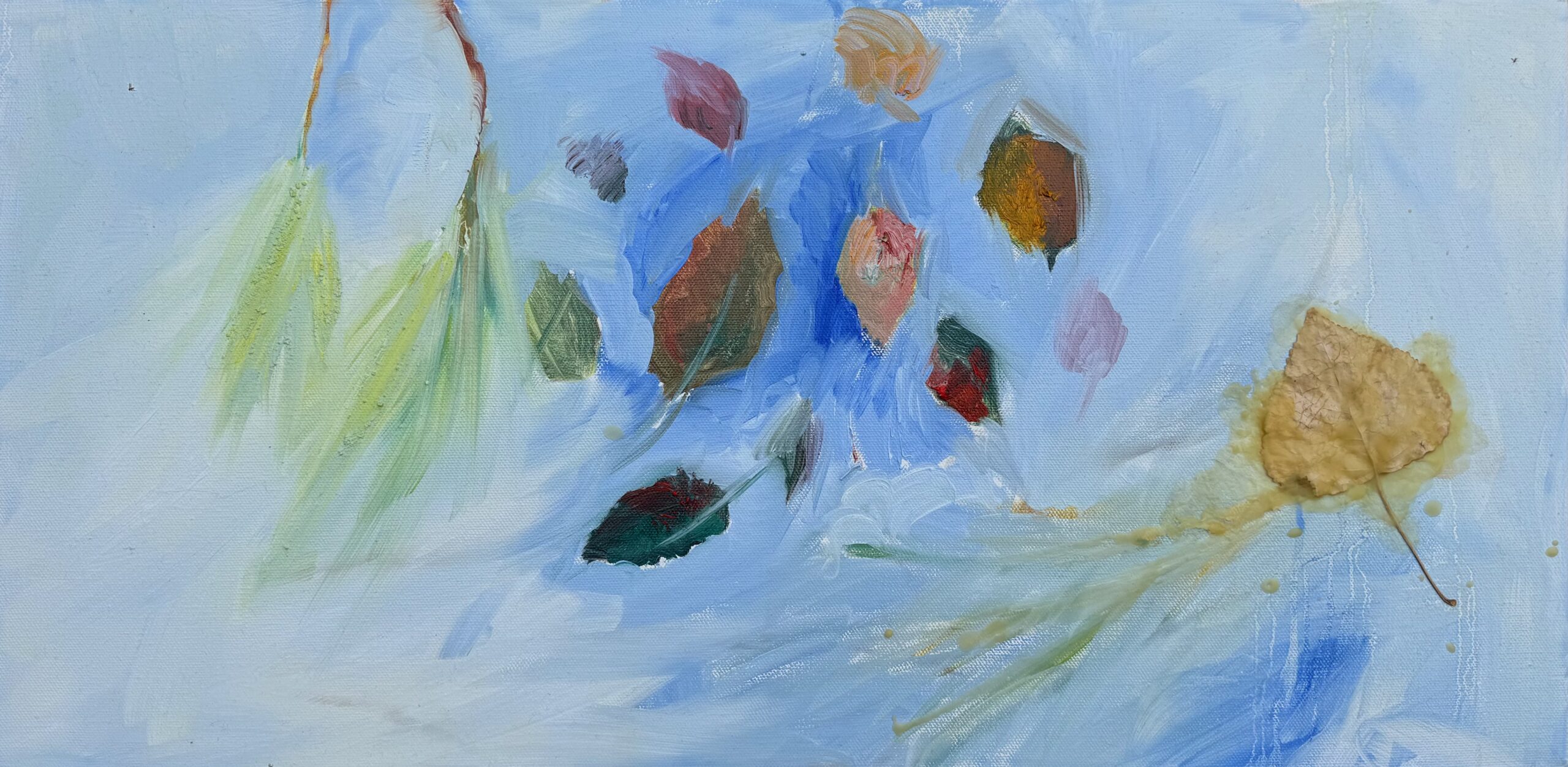 "Chestnut Oak Leaves, Tonyon berries, and pine branches" (2024), Oil & beeswax (and a birch leaf). 12 x 24inGo to Page