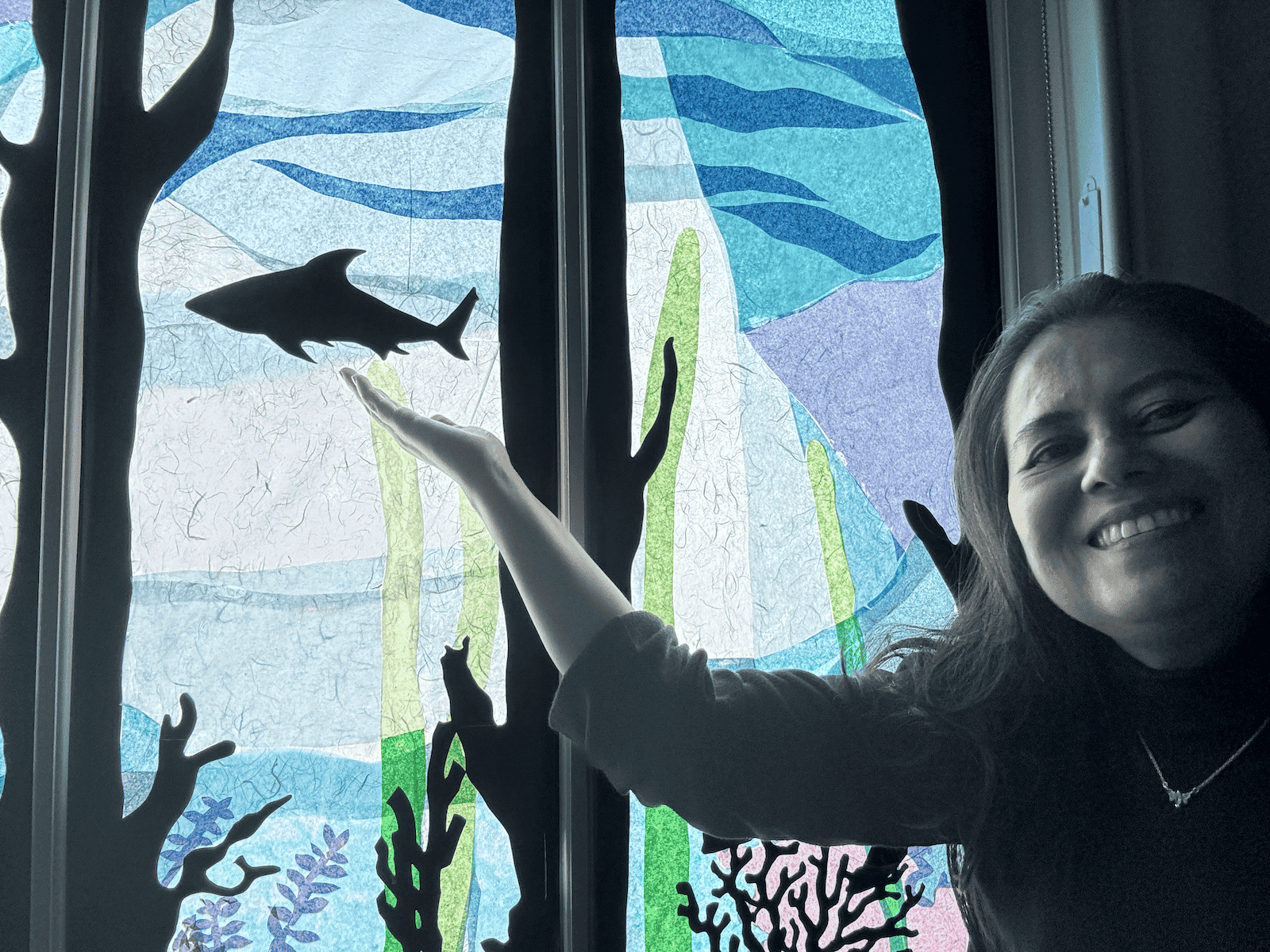 "Mar Azul/Blue Sea" Immersive Art Installation at Stanford Hospital (2024) Three window panels 15 x 41 in each, rice paper and tissue paper.Go to Page