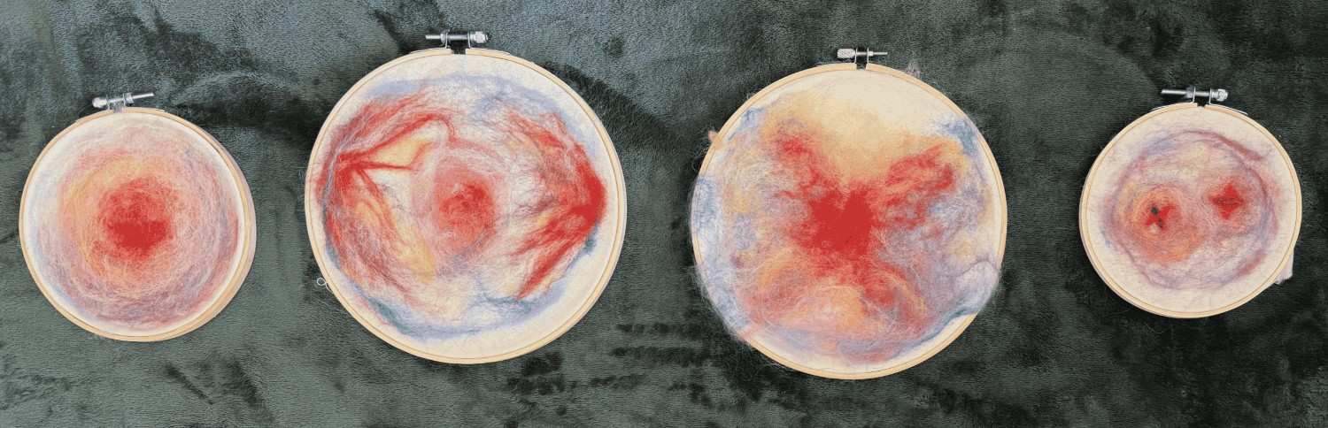 "Cell division" (2019) - wool felting series of 4 Felted wool on embroidery hoop. 5.25", 6", 8"(2)Go to Page