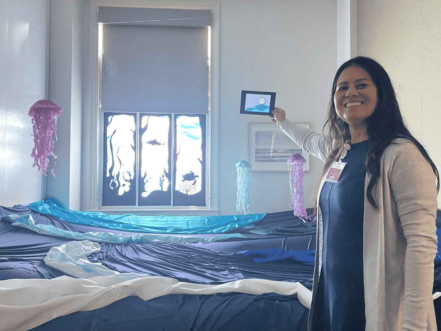 "Mar Azul/Blue Sea" Immersive Art Installation at Stanford Hospital (2024) Three window panels 15 x 41 in each, rice paper and tissue paper.Go to Page