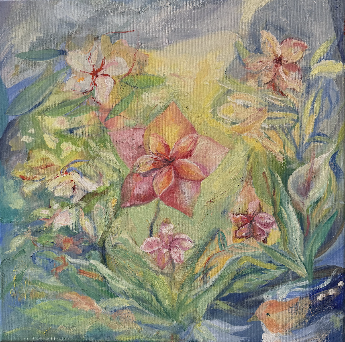 "Frangipani" (2024), Oil on canvas 18x18 in.Go to Page